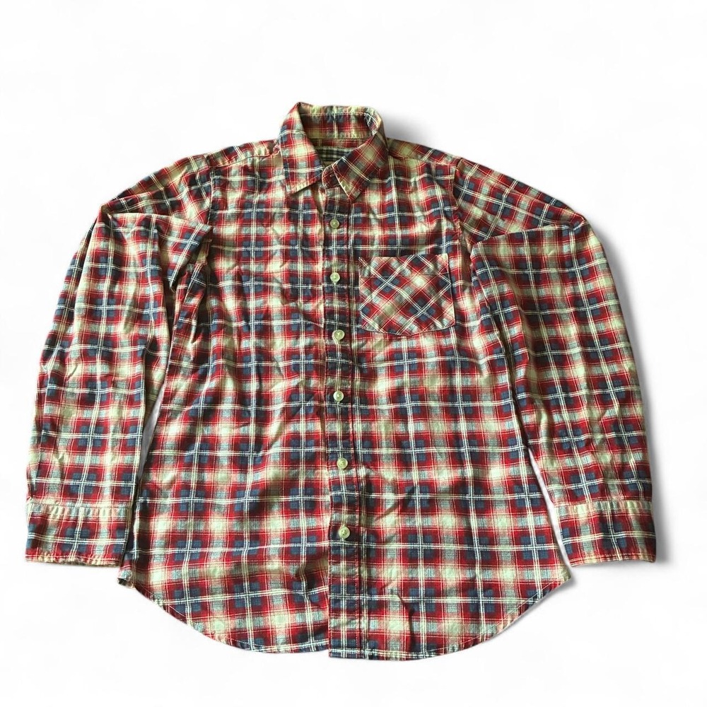 Jachs Vintage Mens Red Blue Plaid Flannel Button Up Long Sleeve Shirt Pocket